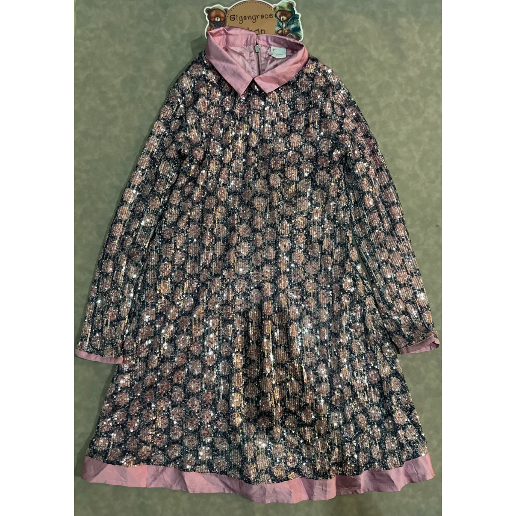 👗เดรสแขนยาวคอปกปักเลื่อมมือสอง (สีชมพู) Size S แบรนด์ Boboli ของแท้ ✨💯% สภาพ 85%