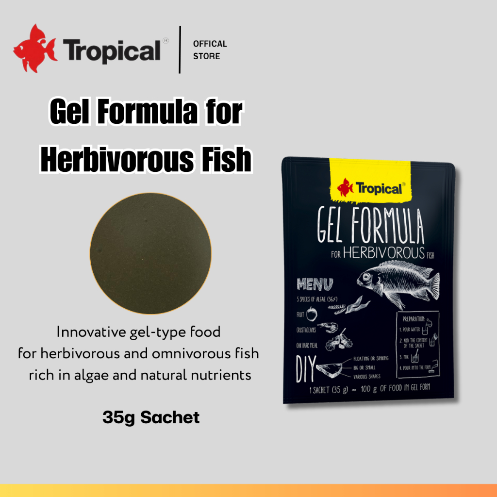 Tropical Gel Formula for Herbivorous Fish – ซอง 35g อาหารปลาสูตรเจลสำหรับปลากินพืช โปรตีนสมดุล ย่อยง่าย สีสันสดใส