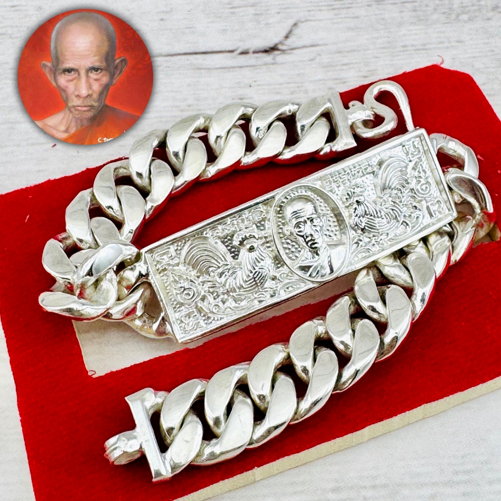 Chicken Rhodium Silver Bracelet Lotto Gambling Money Rich Ruay Thai Amulet 15244