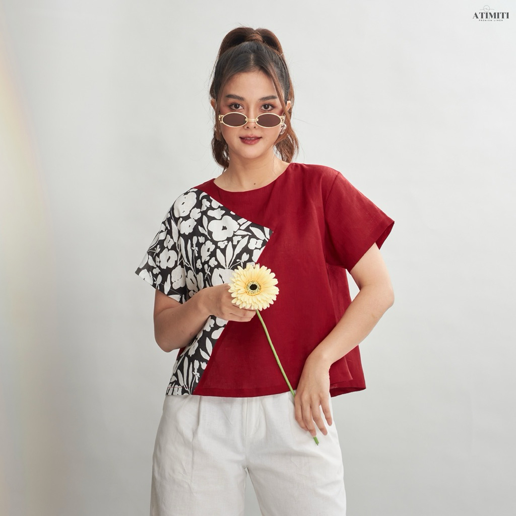 Atimiti เสื้อลินินแท้ 100% คอกลม แขนสั้น สวมหัว กระดุมคอหลัง ด้านหน้าตัดแต่งผ้าทูโทน ชายเสื้อบานออกเล็กน้อย “อก 44 นิ้ว”