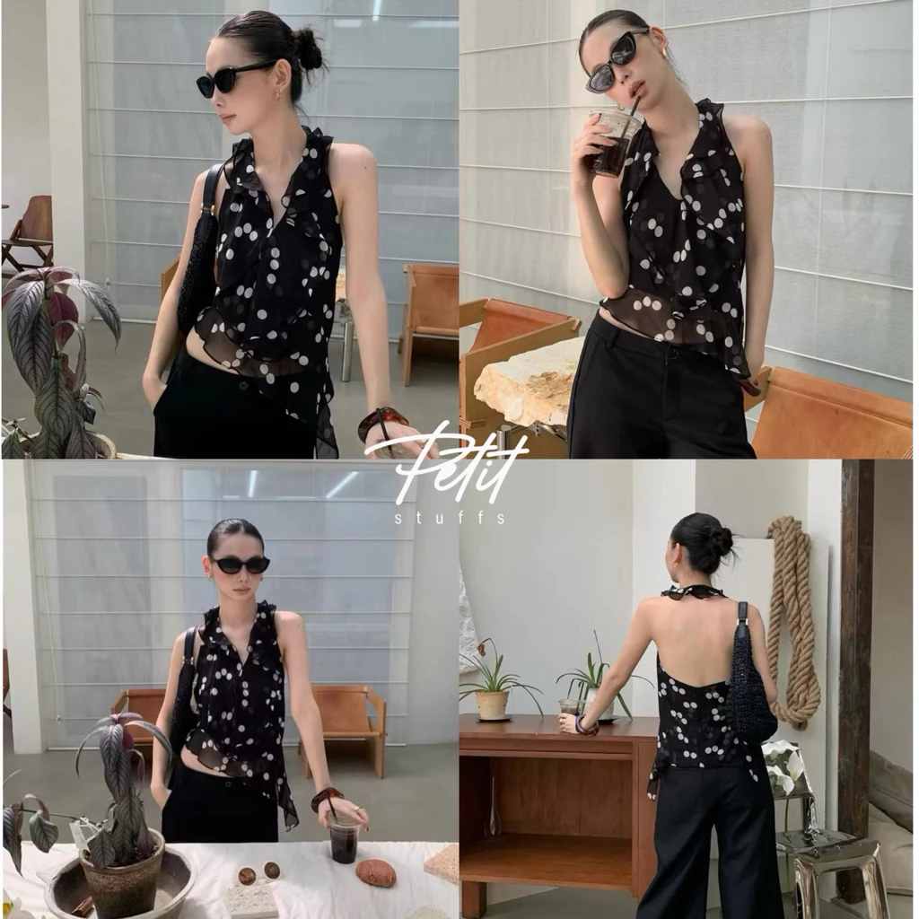 [พร้อมส่ง]Petitstuffs | เสื้อสีดำคล้องคอลายจุด ทรงโอบเอวสวย ใส่สบายระบายอากาศ #P2506193
