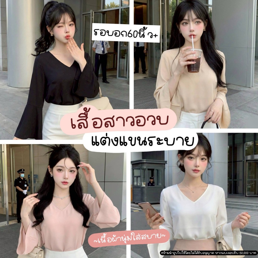 F17 🎀 [S-XXXXXL มีไซส์ใหญ่ อกถึง 62 นิ้ว] เสื้อสาวอวบคอวี แต่งปลายแขนกระดิ่งไฮโซ สไตล์เกาหลี เรียบหรูดูแพง 🎀