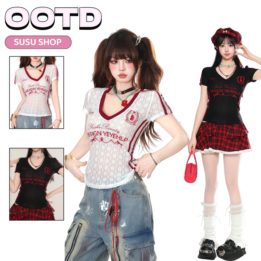 SuSu เสื้อผู้หญิงแขนสั้นคอวี ดีไซน์ลูกไม้บางโปร่ง เข้ารูป สไตล์เกาหลี ใส่สบาย ผ้า FY4776-0