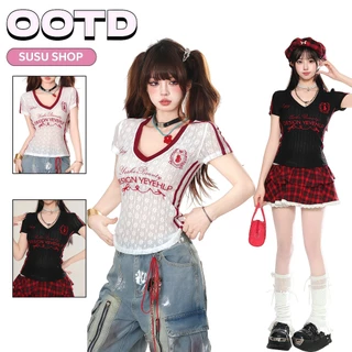 SuSu เสื้อผู้หญิงแขนสั้นคอวี ดีไซน์ลูกไม้บางโปร่ง เข้ารูป สไตล์เกาหลี ใส่สบาย ผ้า FY4776-0