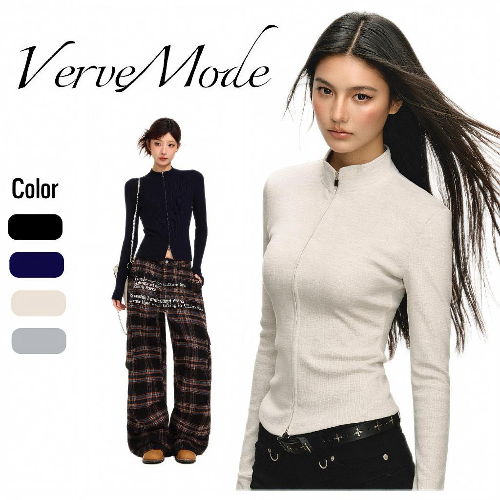 VerveMode. จัดส่งในประเทศไทย เสื้อยืดคอวีแขนยาวซิปคู่สไตล์อเมริกันสำหรับผู้หญิงฤดูใบไม้ผลิและฤดูใบไม้ร่วงใหม่เสื้อชั้นใน