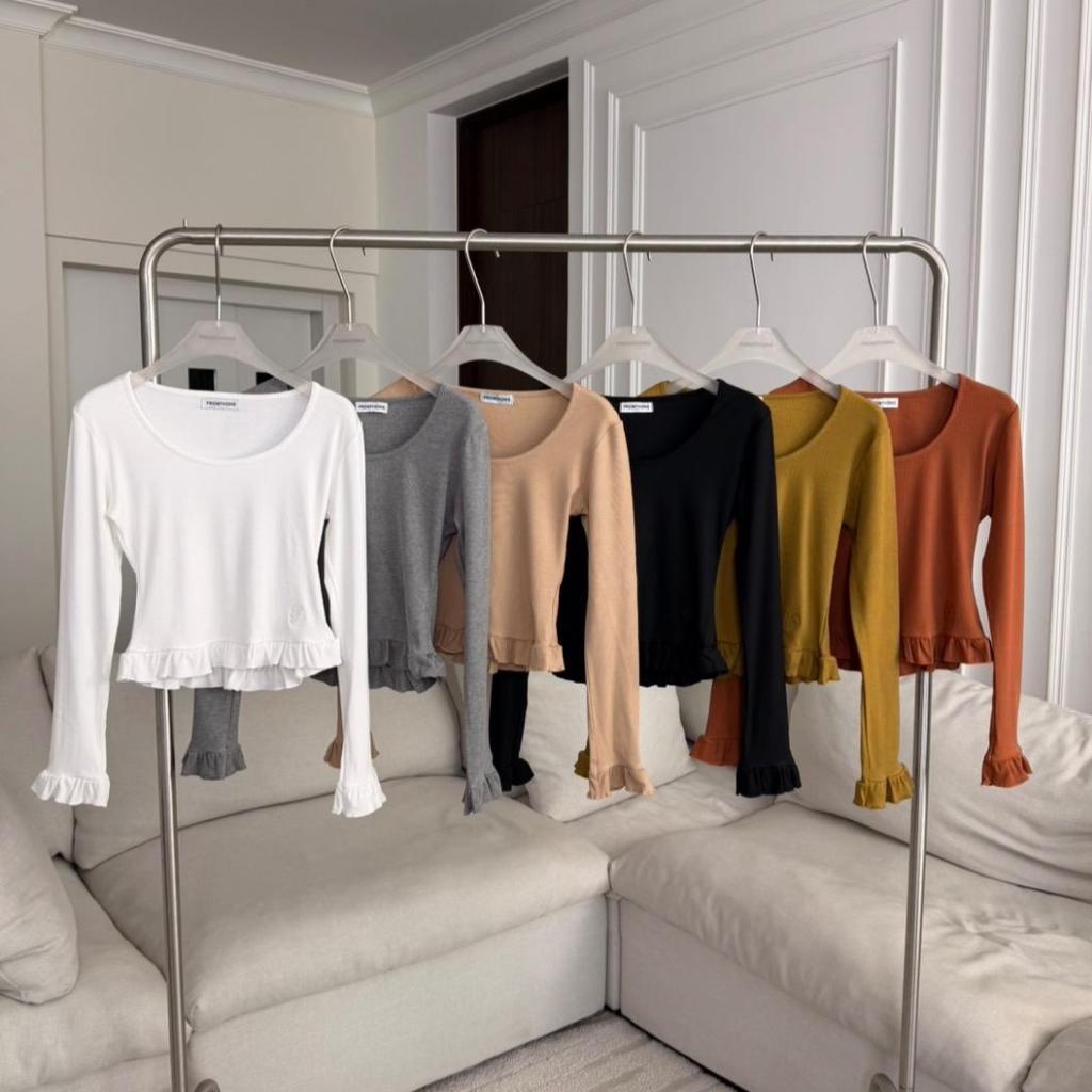 PTSL2325 เสื้อแขนยาวแต่งเอวระบายปักโลโก้ PROMTHONG