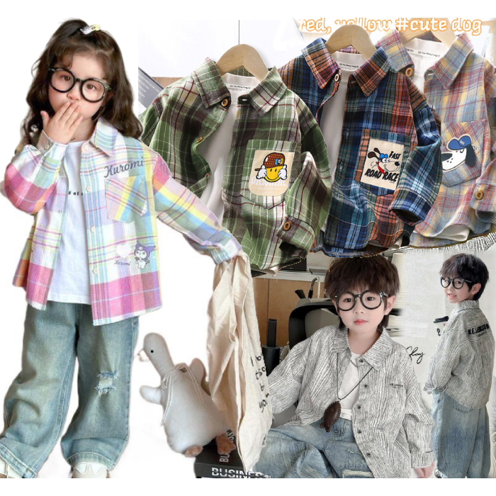 เสื้อเชิ้ตเด็กแขนยาว cartoon Shirt ลายสก็อต   เสื้อเด็ก มีไซร์ 100-160 (พร้อมส่ง) .