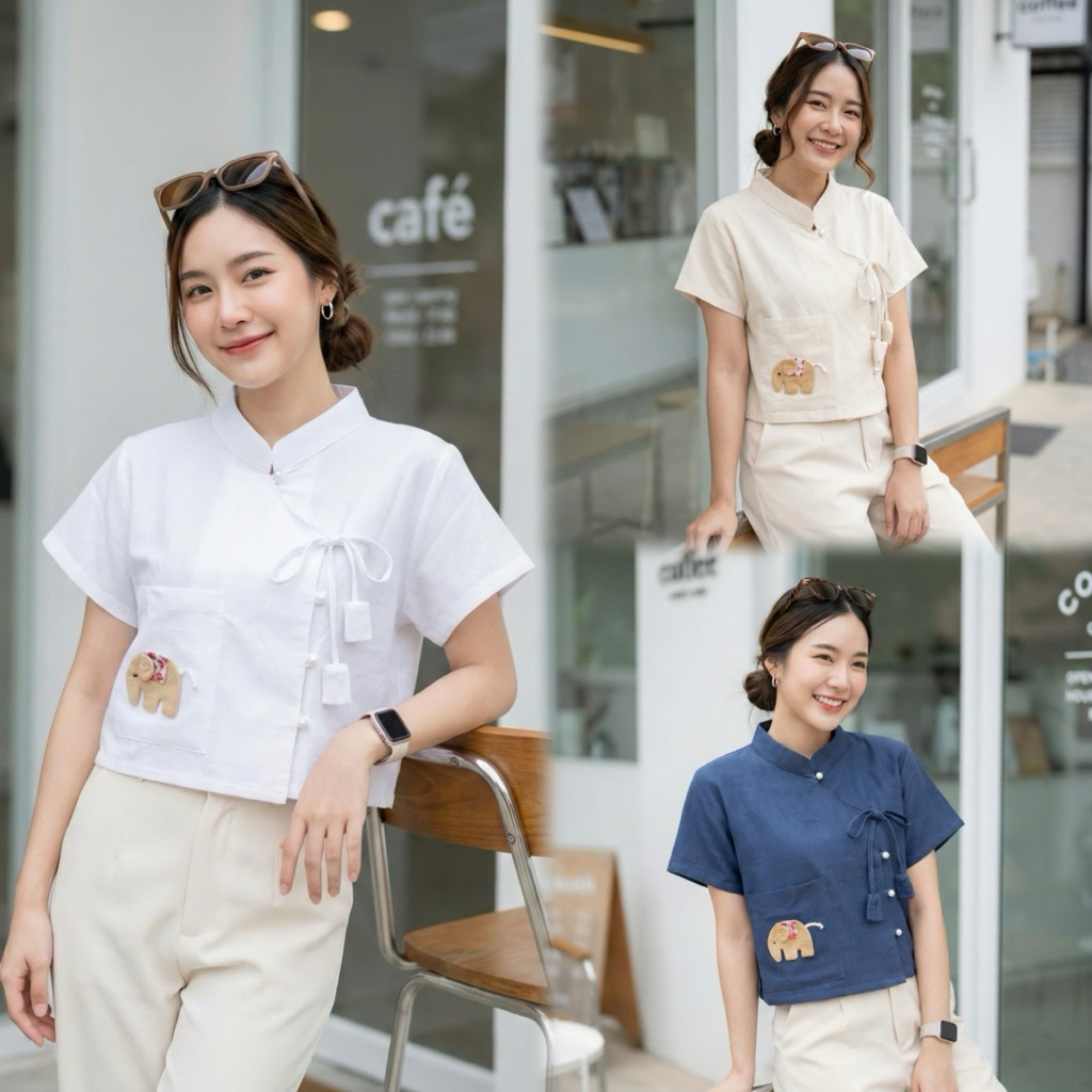 เสื้อพื้นเมืองผู้หญิงคอจีนผูกโบว์ มีกระเป๋าเสื้อใช้งานได้จริง ติดตุ๊กตาช้าง