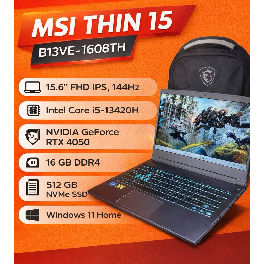 MSI THIN 15 B13VE‑1608TH Core i5-13420H / RTX 4050 / Ram 16 / Nvme 512 ประกันศูนย์ยาวถึง 11/2026 เคร