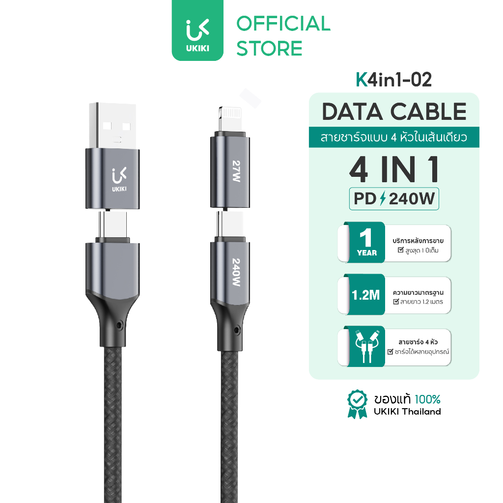 [สำหรับ iP 17] UKIKI สายชาร์จเร็ว 4in1 Fast Charge PD240W USB-C / iP สายชาร์จไว สายถัก | K4in1-02