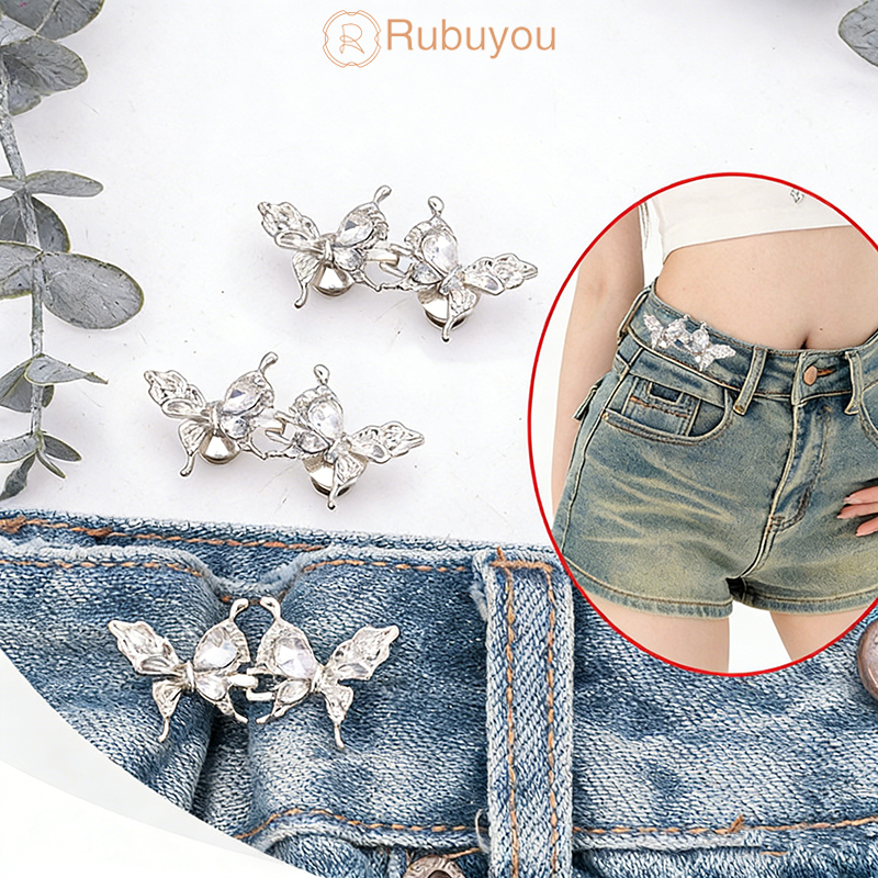 Rubuyou คลิปกระดุมโลหะ รูปผีเสื้อ ถอดออกได้  สําหรับกางเกงยีนส์กระโปรง DIY ตะขอกางเกง สำหรับผู้หญิง-COD