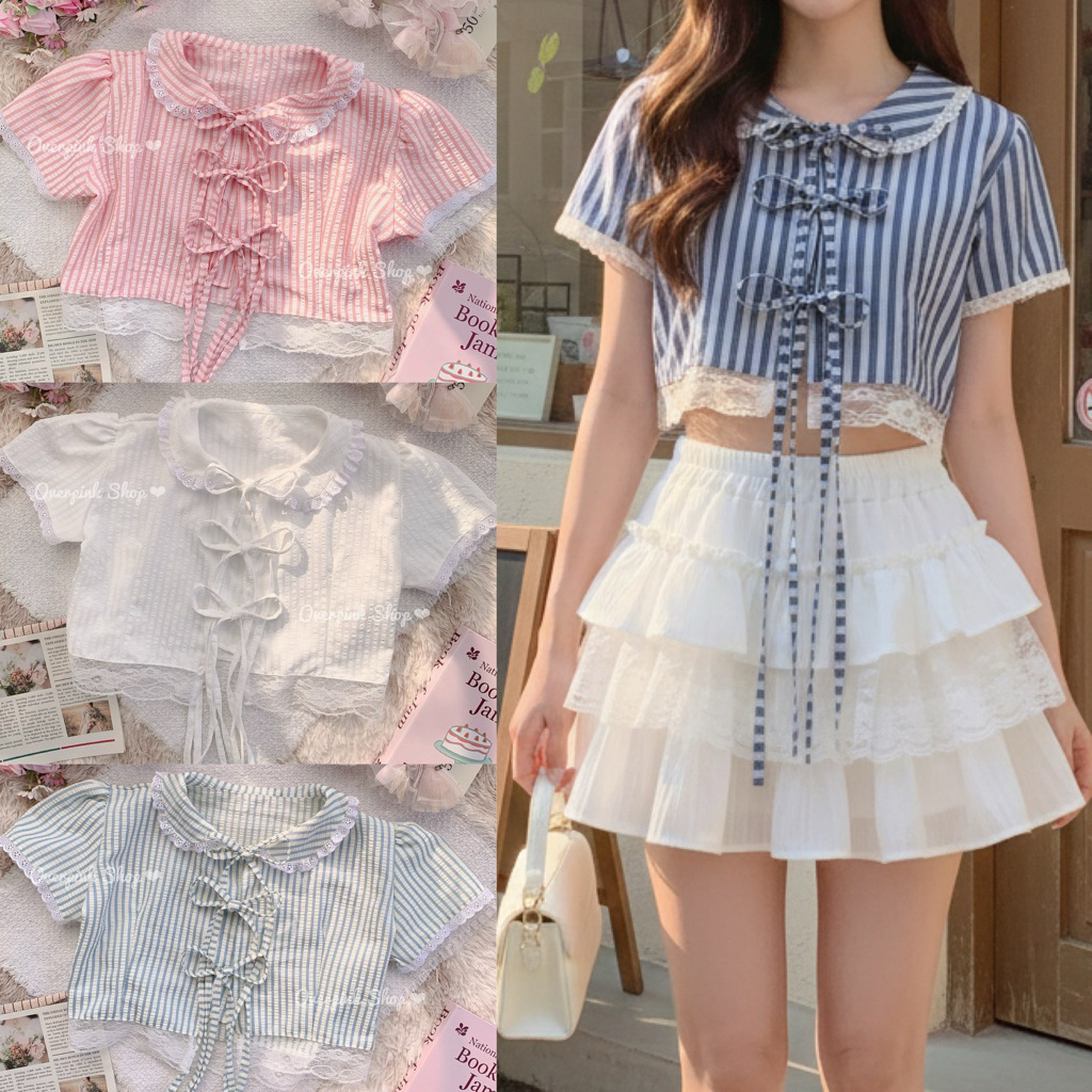 🌸OVP🌸 เสื้อครอปคอบัว ผ้าลายริ้วสีพาสเทล แต่งเชือกผูกโบว์หน้า
