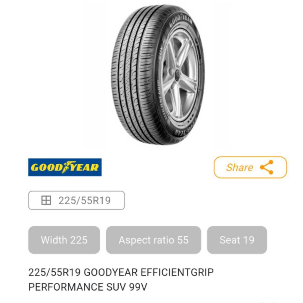 ยางรถยนต์ GOODYEAR 225/55R19 EFFICIENT GRIP PERFORMANCE SUV 99V ยางใหม่ 4 เส้น ปี26