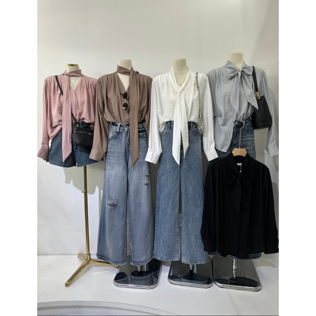 #ป้าย  M1755 เสื้อเชิ้ตผ้าพลิ้ว ดีไซน์เก๋ ผูกโบว์ได้หลายสไตล์ เรียบหรู ดูแพง ใส่ทำงานก็ได้ ใส