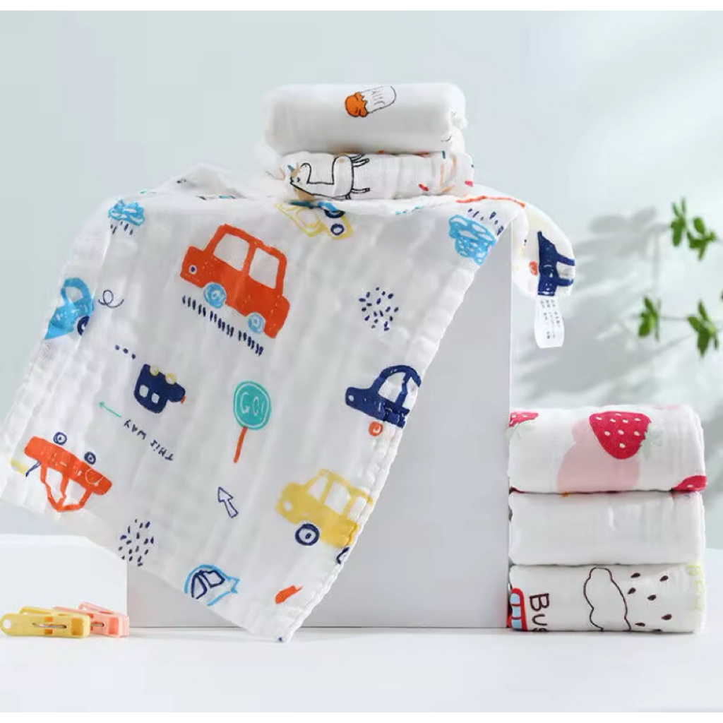 (2ผืน) ผ้าขนหนูลายตาราง6ชั้น2ชิ้น25-50ซม. ผ้าเช็ดหน้าเด็กผ้าซับน้ำลายเด็กผ้าเช็ดตัวผ้ากันเปื้อน