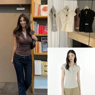 8650# เสื้อแขนสั้นคอปก จับจีบย่นช่ววอก เนื้อผ้าอย่างดี ทรงสว…