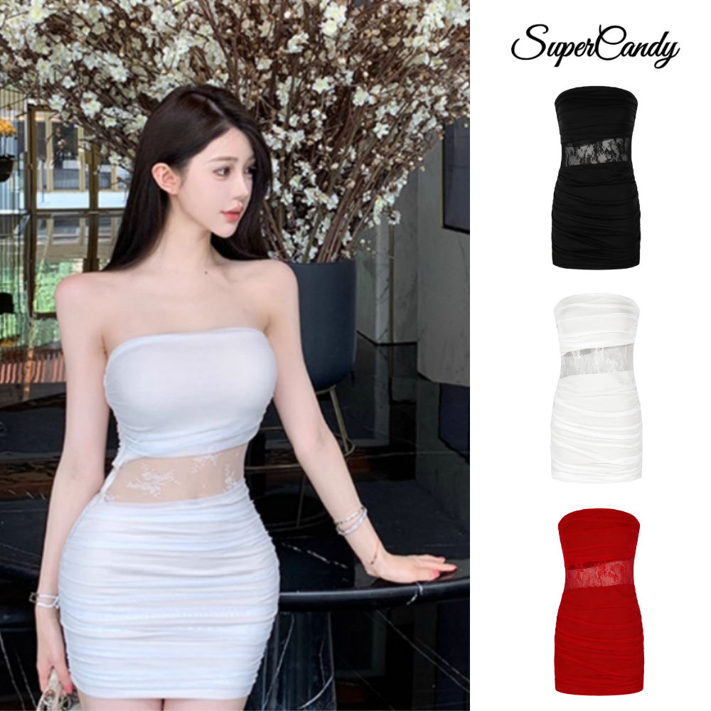 SuperCandy🌷ชุดเดรสเกาะอกผ้าลูกไม้โปร่งจีบช่วงสะโพกเข้ารูปเปิดหลัง