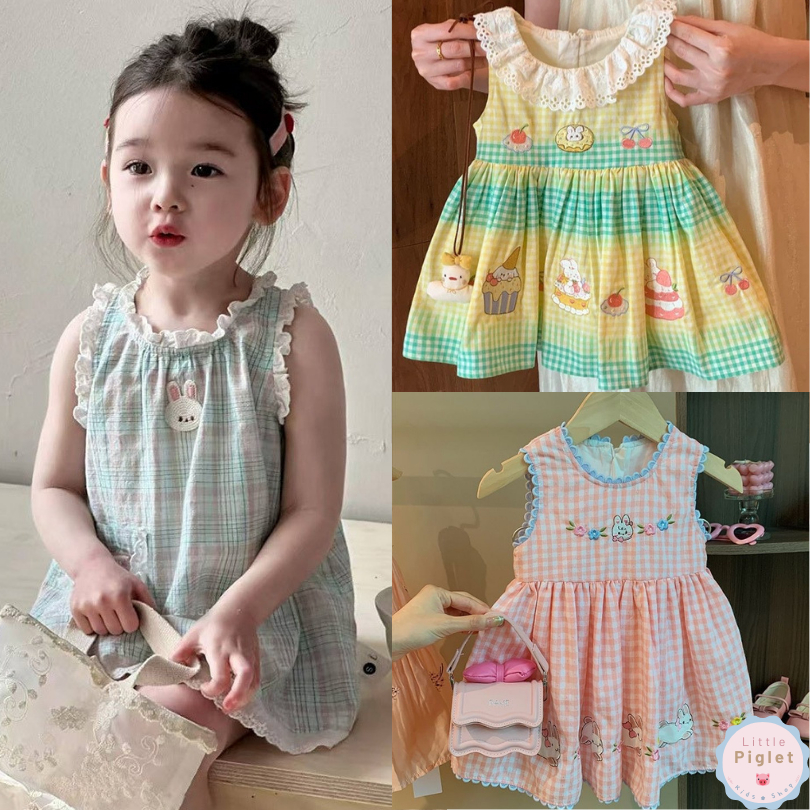 Little Piglet 🐷 พร้อมส่ง เดรส Dress แขนกุด ปักกระต่าย สีเขียว ชมพู ลายสก็อต น่ารัก เด็กผู้หญิง