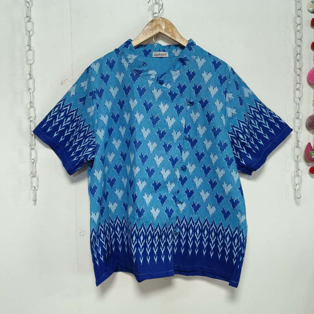 เสื้อคอจีนผ้าฝ้ายสาวอวบลายหัวใจสีฟ้าสวยมาก