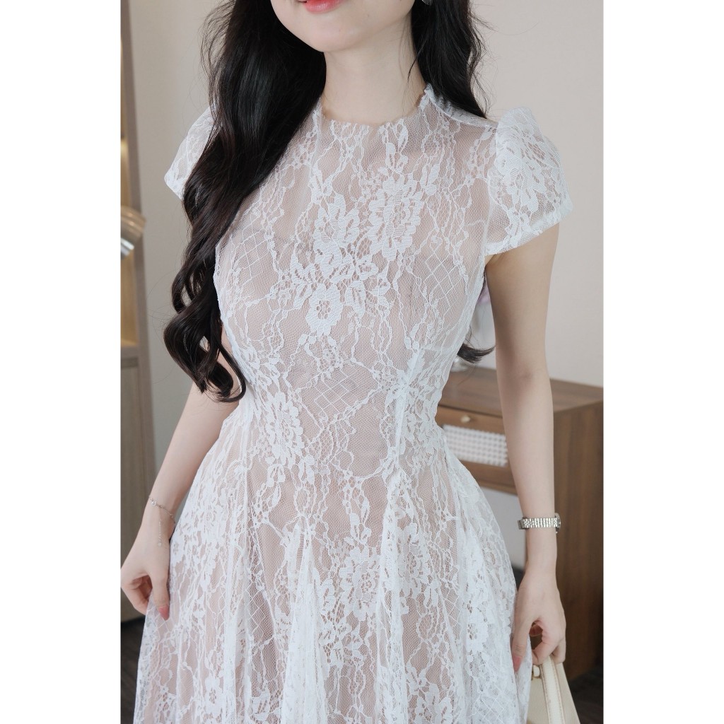 #G765 ชุดเดรสยาวผ้าลูกไม้ แขนสั้น มีซับใน - รูปที่ 3