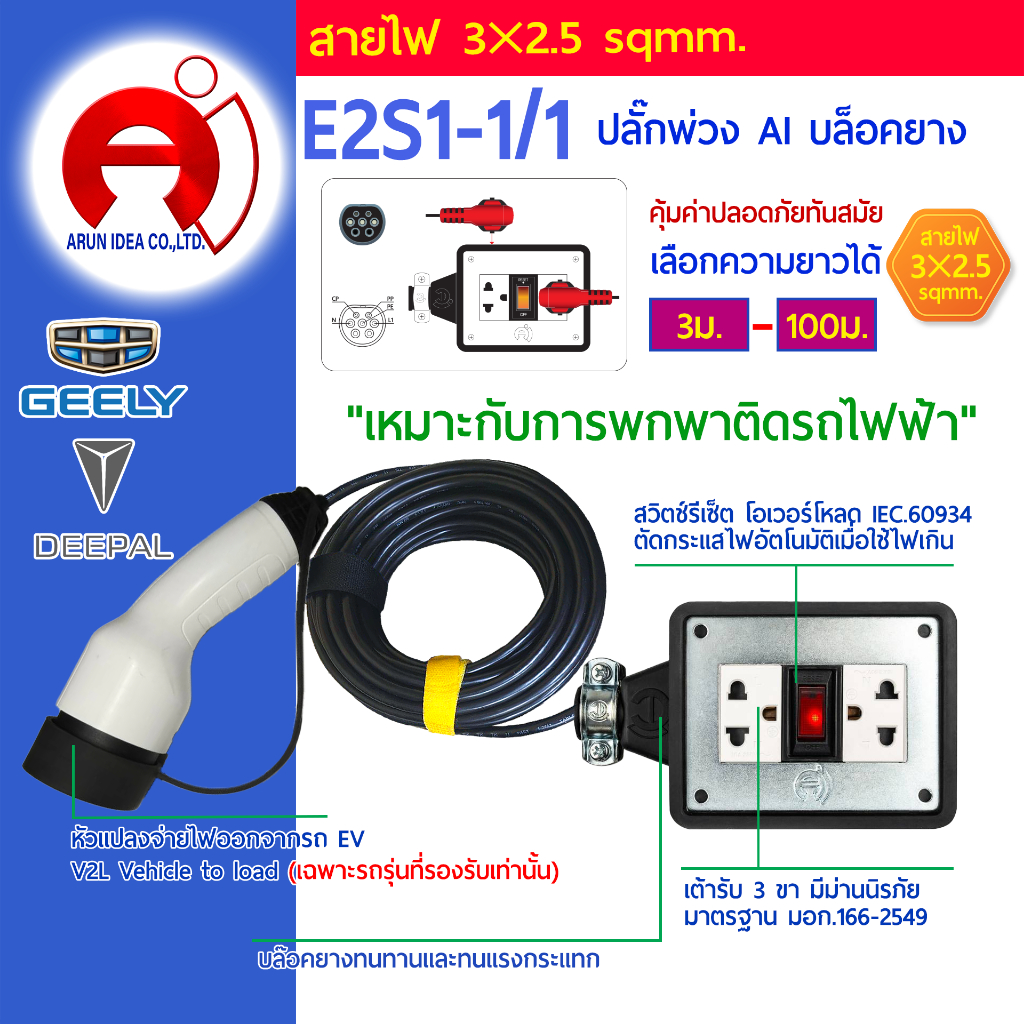 ปลั๊กพ่วง ปลั๊กไฟ รถไฟฟ้า V2L DEEPAL 05 07 GEELY ex2 ex5 ตั้งแค้มป์ สาย3x2.5 มอก 3ม. - 100ม. รุ่น E2