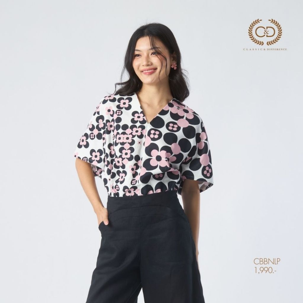 C&D Woman’s blouse Dot flowers เสื้อผู้หญิง คอวี แขนสั้น สีชมพู CBBNLP