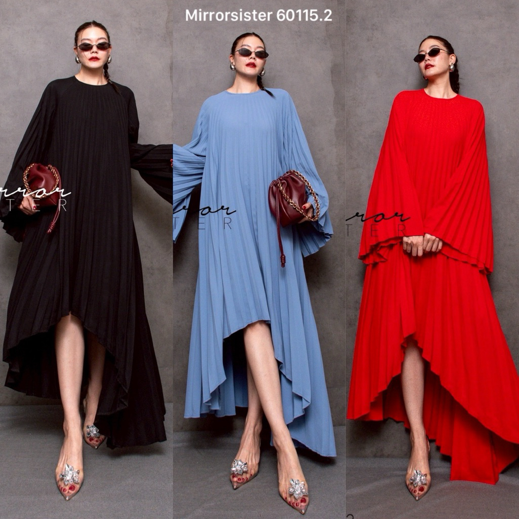 🔖Mirrorsister 60115.2 เดรสทรงพลีทยาวพริ้ว แขนปล่อยทรงกว้าง ช่วงชายด้านหน้าสั้นกว่าด้านหลังเล็กน้อย ผ้ามีน้ำหนัก ใส่สบาย