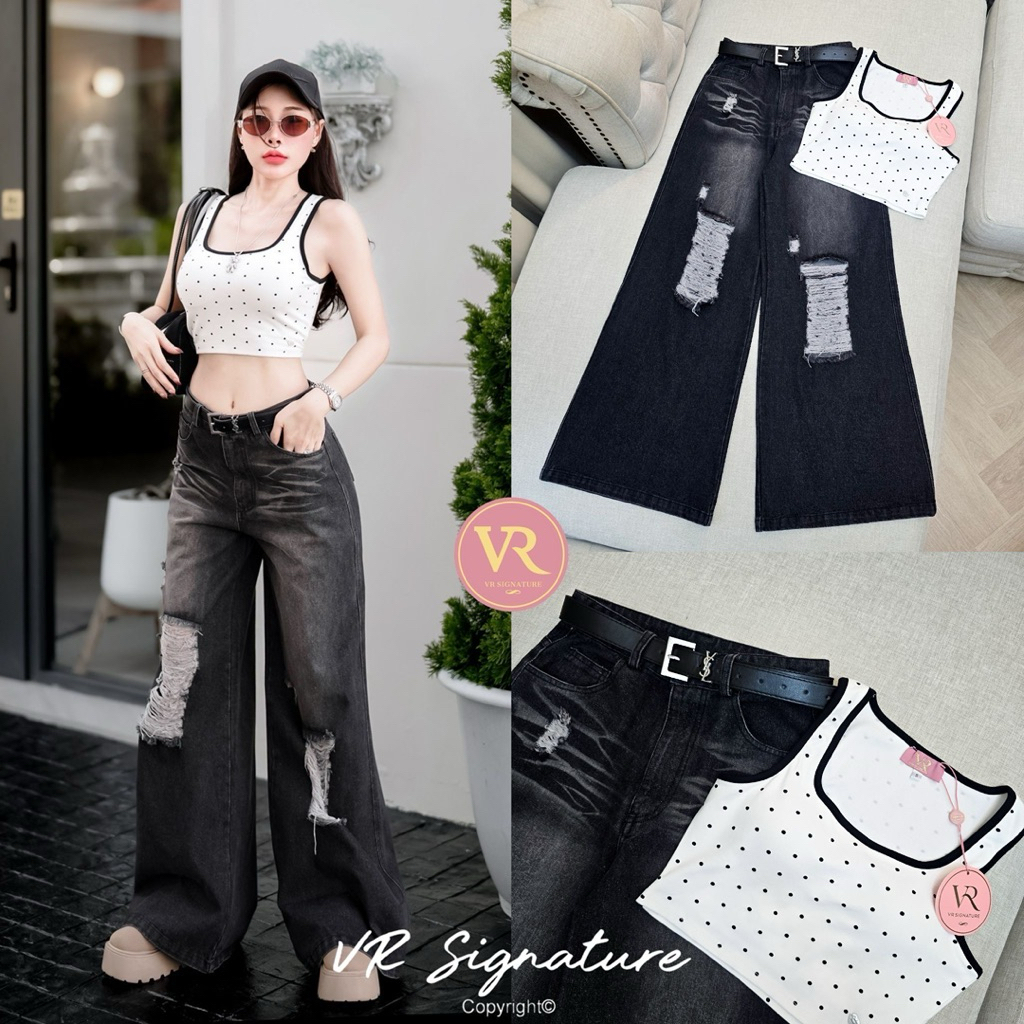 VR(เช็คก่อนสั่ง) Set 3 ชิ้น เสื้อครอปแขนกุด ผ้ายืดเนื้อดีเก็บทรงสวย+กางเกงยีนส์+เข็มขัด(S-XL)