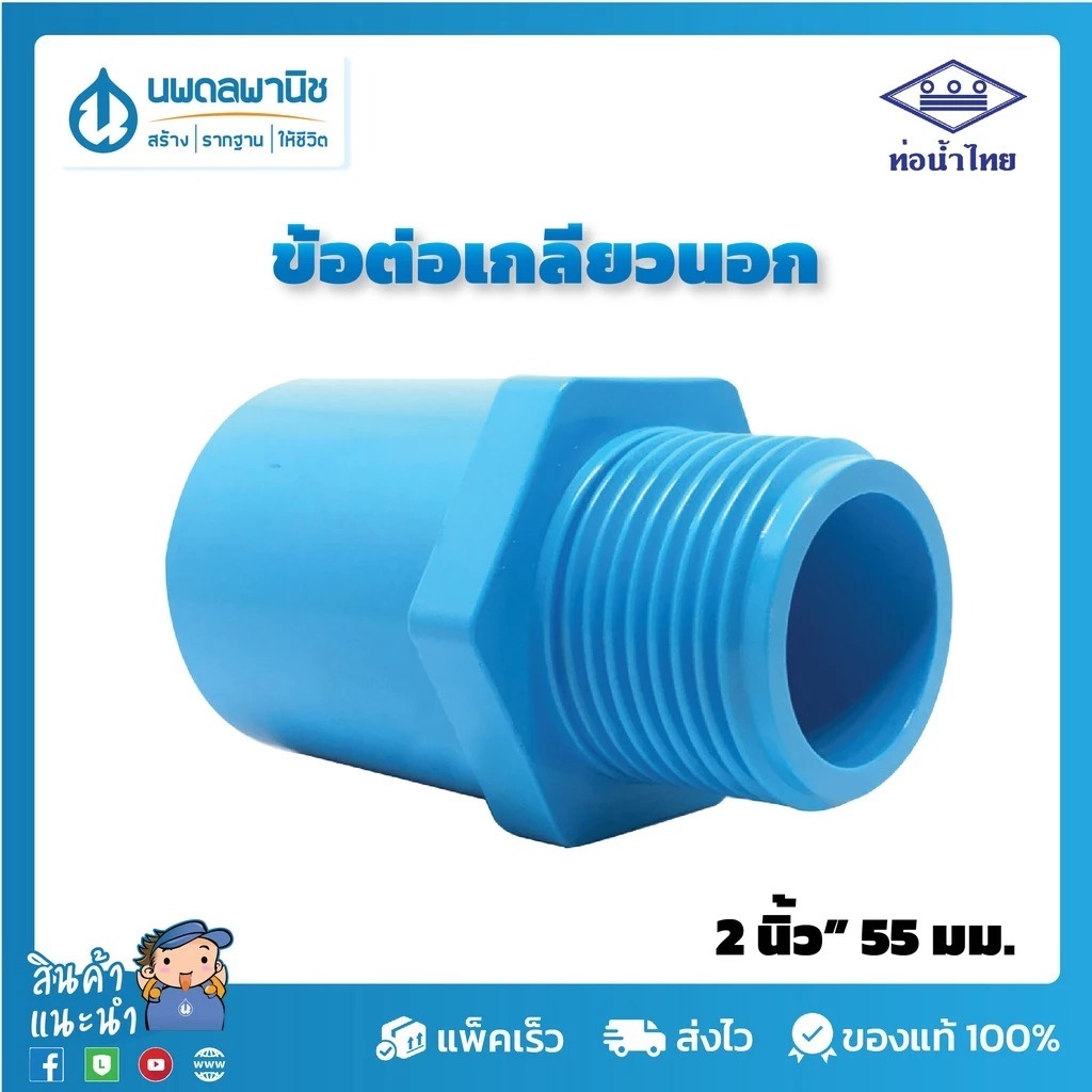 [ขายยกลัง 50 ตัว] ท่อน้ำไทย ข้อต่อเกลียวนอก 2 นิ้ว 55 มม. PVC 13.5 | ท่อพีวีซี ข้อต่อพีวีซี ข้อต่อเกลียวนอก