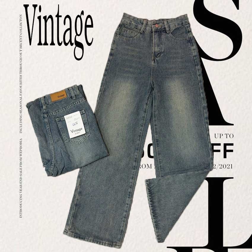 Vintage รุ่น #6689 กางเกงยีนส์ ทรงกระบอก เฟด สนิมอ่อน แต่งเฟดขา ทรงสวยผ้าไม่ยืด