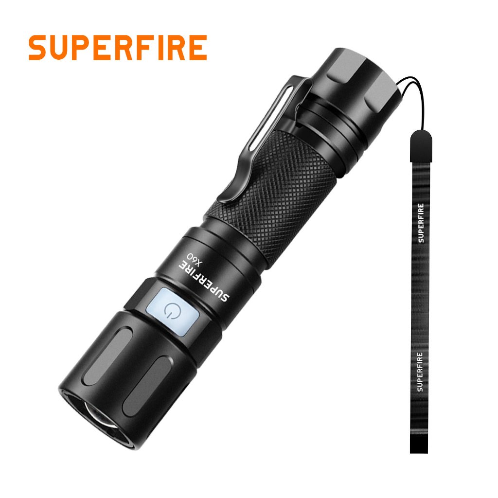 SUPERFIRE X60 ไฟฉาย ซูมได้ แรงสูง สำหรับงานหนัก แบตเตอรี่ 3000mAh 15 วัตต์ สว่าง 900 ลูเมน LED xhp90 ชาร์จไฟได้