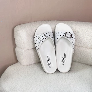 KTHANA รองเท้าแตะลายจุด polka dot มินิมอลสีขาว พี้นลายมะกูดแนะนำเท้าอูม+1ไซส์ 35-44 นุ่มเท้า