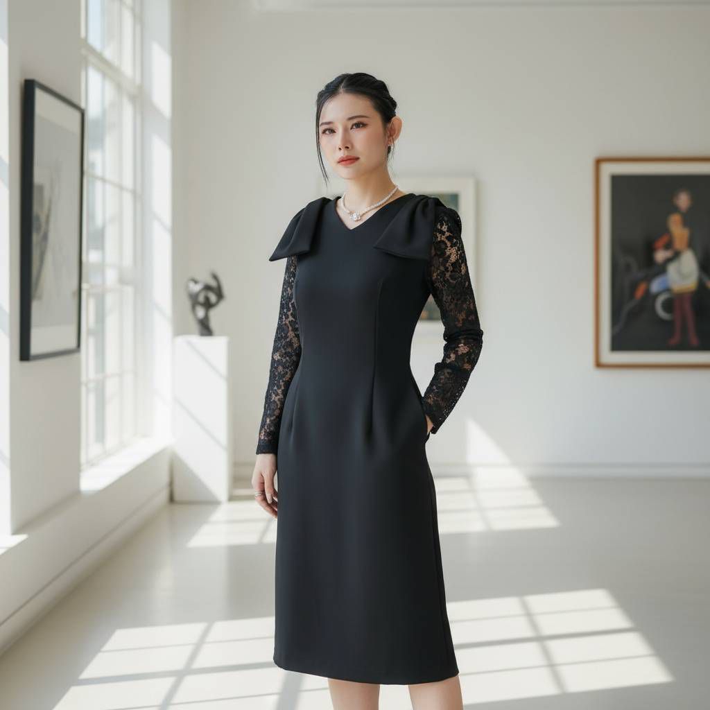 D65 เดรสออกงาน ชุดทำงานทำงานคอวีดีเทลน่ารักเรียบหรู ความยาว41นิ้ว (ลงตรงไซส์ได้เลยจ้า)