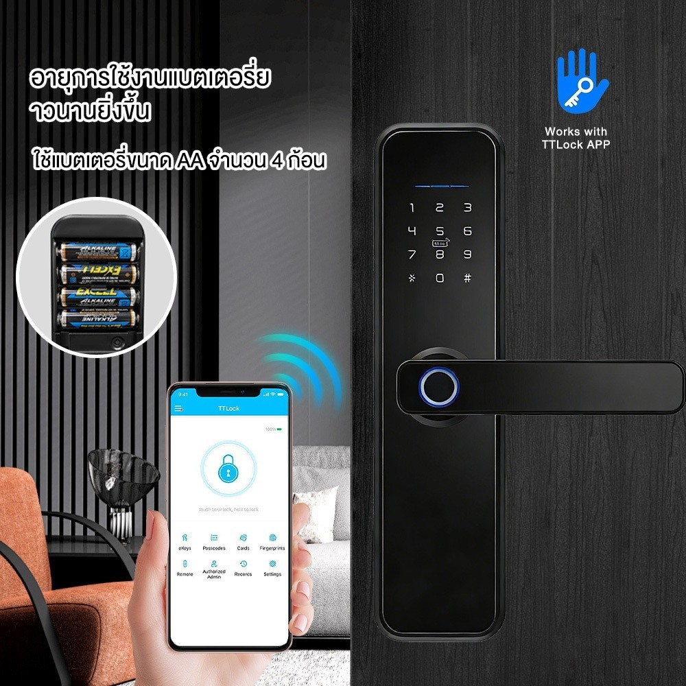 Digital Door Lock ล็อคลายนิ้วมืออัจฉริยะ TUYA  App ล็อคประตู ลายนิ้วมือ  หัวเข็มขัดห้าเสา ปลอดภัยมาก - รูปที่ 2