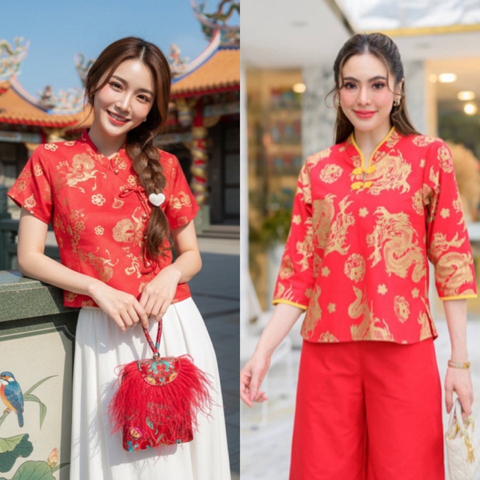 เสื้อตรุษจีนผู้ชายแขนยาวสีขาว ลายมังกรสีทอง เสื้อตรุษจีน