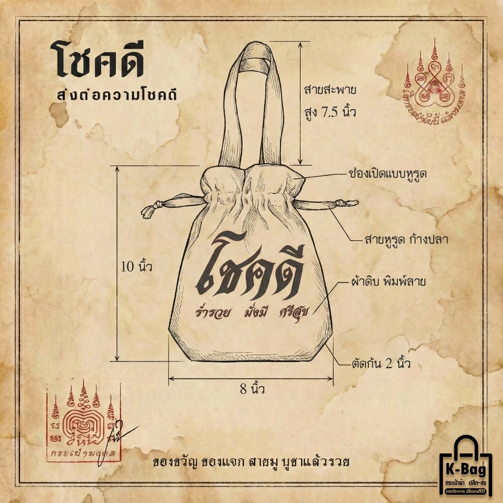ถุงผ้ามหาเฮง หูหิ้วพร้อมหูรูด ขนาด 8x10 นิ้ว ขยายก้น 2 นิ้ว thumbnail 7