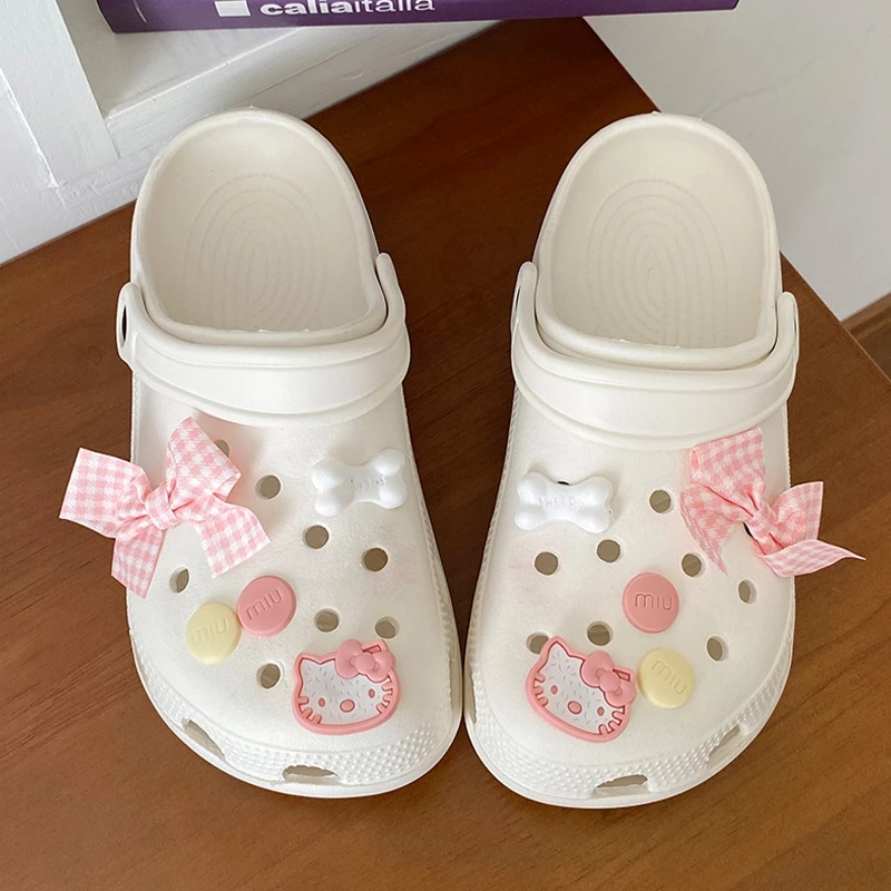Fshoes รองเท้าแตะสำหรับเดินชายหาด ลายแมวการ์ตูนโบลายตารางชมพู พื้นนุ่มลดกลิ่น ใส่สบายมาก มีหลายสี
