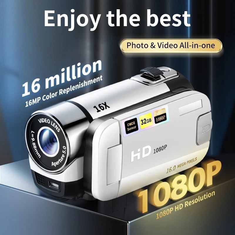 กล้อง DV แบบพกพา 2.4 นิ้ว 1080P HD หมุนหน้าจอ 16X ดิจิตอลซูมสำหรับกิจกรรมกีฬาปาร์ตี้ขี่ม้าครอบครัวใช้การเดินทาง Vlog ยิง