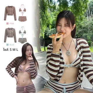 bikini ผ้าไหมพรม ผ้าคลุม บิกินี่ 3 ชิ้น เว้าหลัง ผ้าถัก การว่ายน้ำกลางแจ้ง สไตล์ฤดูร้อนใหม่#1042