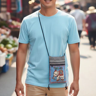(4 ใบ 100) กระเป๋าใส่มือถือ ลายช้าง ผ้าพื้นเมือง 5.5x8 นิ้ว สะพายข้าง 2 ช่อง 2 ซิป ย่ามพื้นเมือง กระเป๋าย่ามใบเล็ก ส่งไว