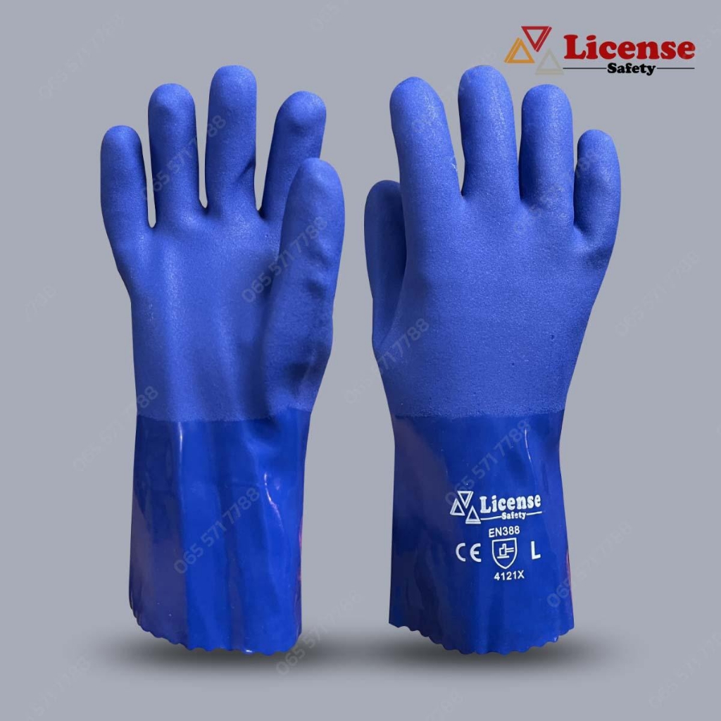 ถุงมือผ้าเคลือบพีวีซี สีน้ำเงิน (PVC glove Cotton lining ) รุ่น PVC8065 ยี่ห้อ License(1คู่/แพ็ค)