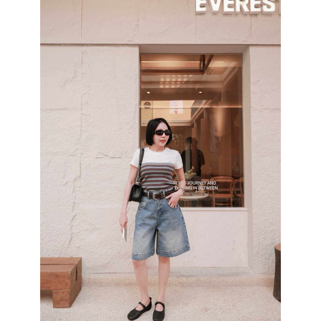 Bermuda Shorts Jeans กางเกงยีนส์ขา3ส่วน มาพร้อมเข็มขัดหนังตอกหมุด (dw)