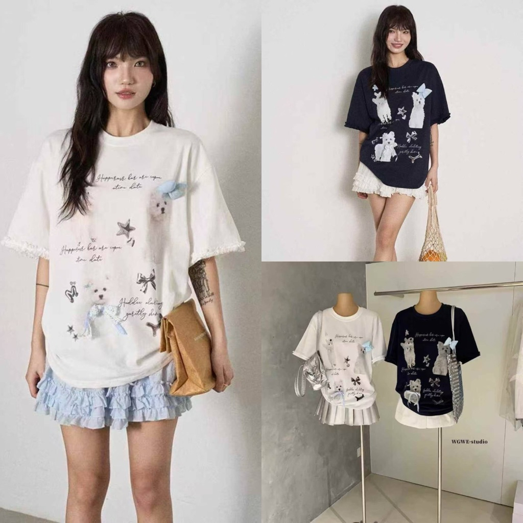 ส่งด่วน 🛵 𝐖𝐆.𝐖𝐄 8713 เสื้อยืดทรง oversize แต่งระบายช่วงแขนแต่งเข็มขัดน้องโบว์