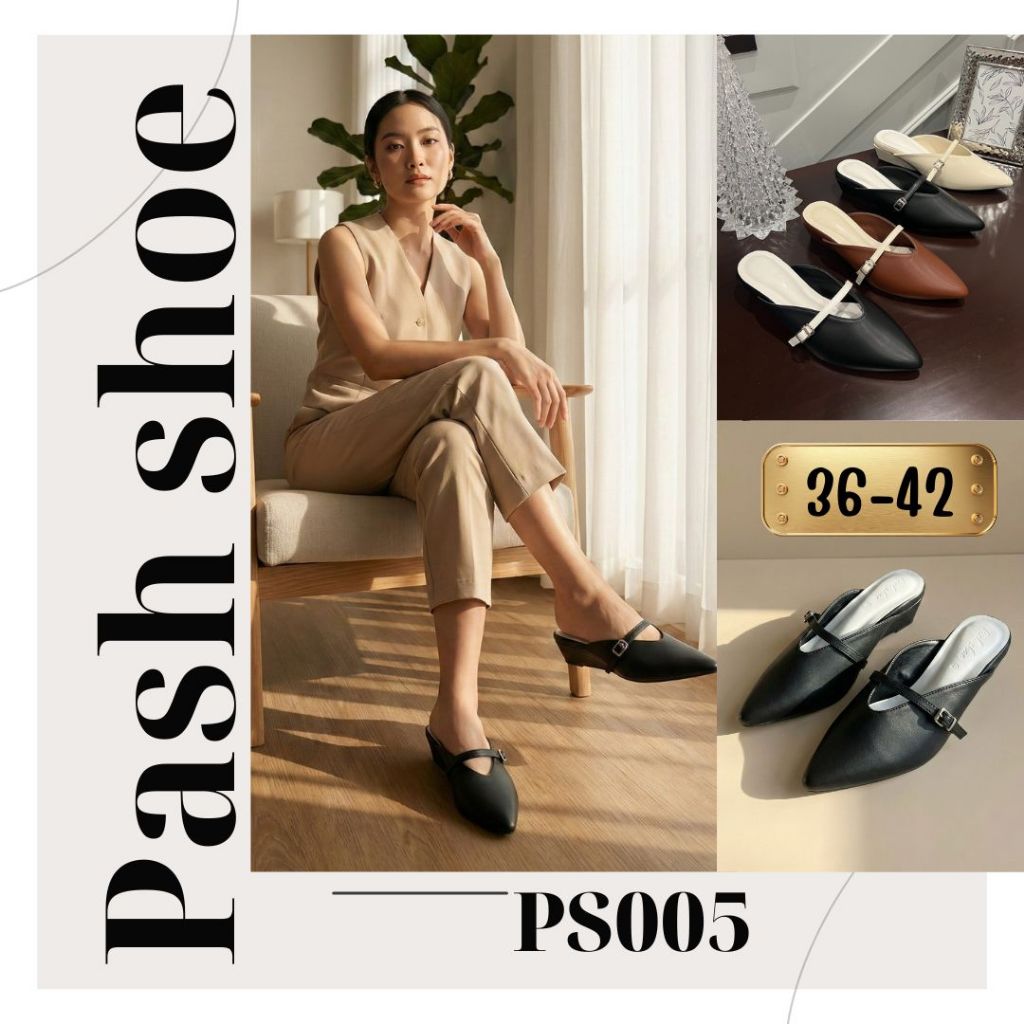 PASH PS005 รองเท้าเปิดส้น(ส้นเหลี่ยม)ทรงหัวเรียว รองเท้าส้นสูง 1.5 นิ้ว ไซส์ 36-42