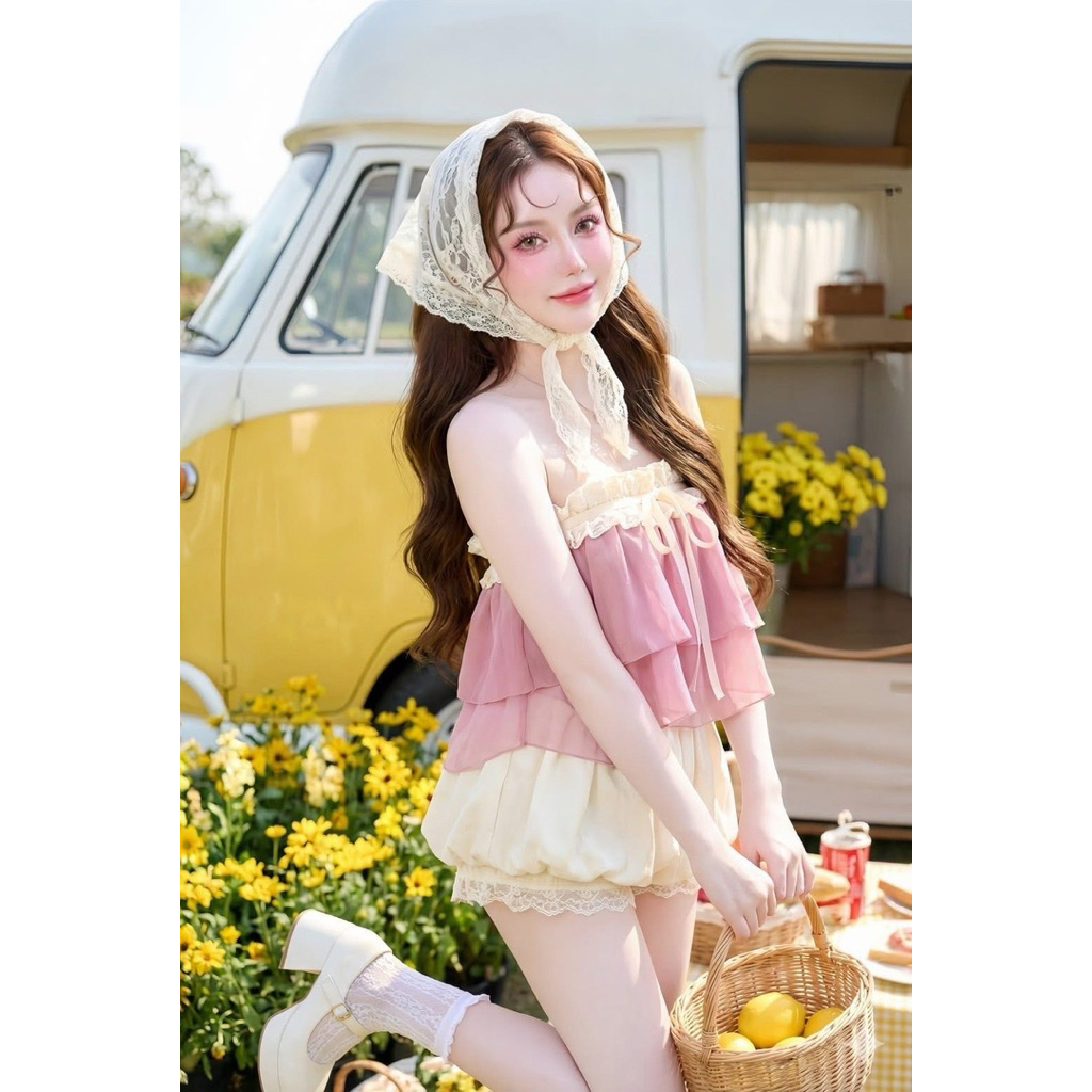 [พร้อมส่ง] NIN9💜 Set2ชิ้น งานเกาะอกชีฟอง กางเกงบอลลูน งานตามหา ตรงปก