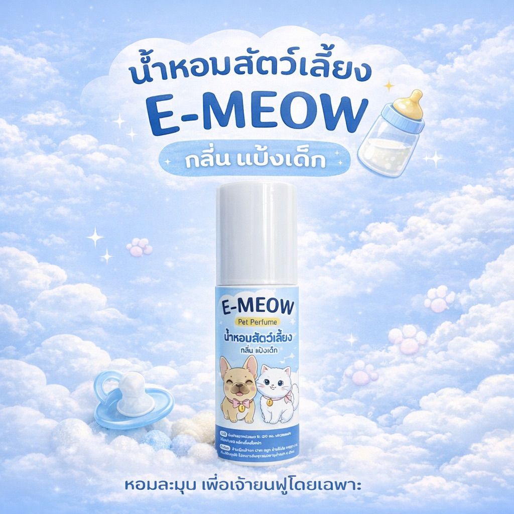 น้ำหอมสัตว์เลี้ยง E-Meow กลิ่นแป้งเด็ก ใช้ได้ทั้งแมวและสุนัข กลิ่นหอมอ่อนโยน ติดทนนาน 50 ml
