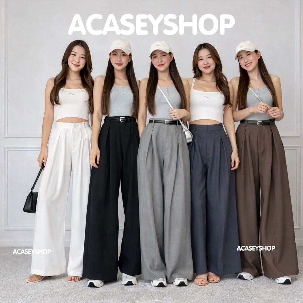 Acasey กางเกงขายาวผู้หญิง ขากระบอกใหญ่ ตะขอหน้า ผ้าโซดา จีบไขว้ ไซส์ XS - 4XL