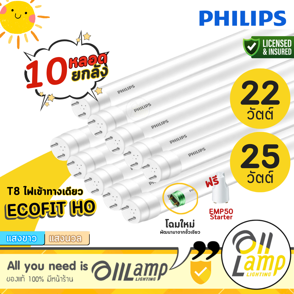[แพ็ค10] Philips หลอดไฟ LED T8 Ecofit HO 22W 25W ขั้วเขียว หลอดยาว 120 เซน (Single End)
