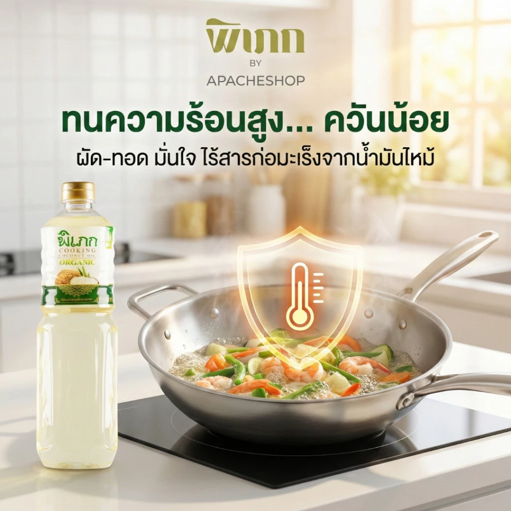 น้ำมันมะพร้าวทำอาหาร พิเภก (ไร้กลิ่น) | ทนความร้อนสูง ผัด-ทอดปลอดภัย | คีโตทานได้ 1,000ml.