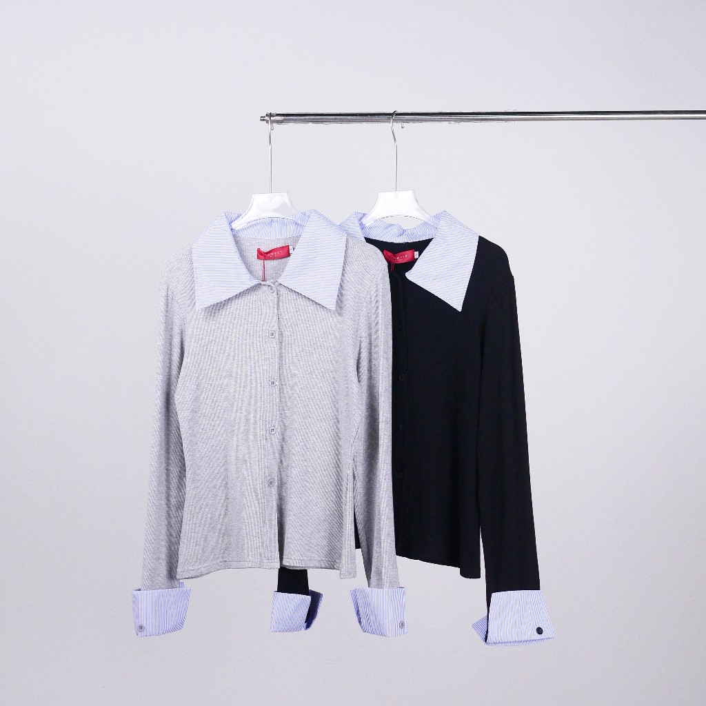 Lawyer Store | [725289] เสื้อคอปกแขนยาว ทูโทน เนื้อผ้ายืดได้ กระดุมใช้งานได้จริง ดีเทลผ้า นุ่มๆ ฟูๆ เสื้อแขนยาว เสื้อผู้